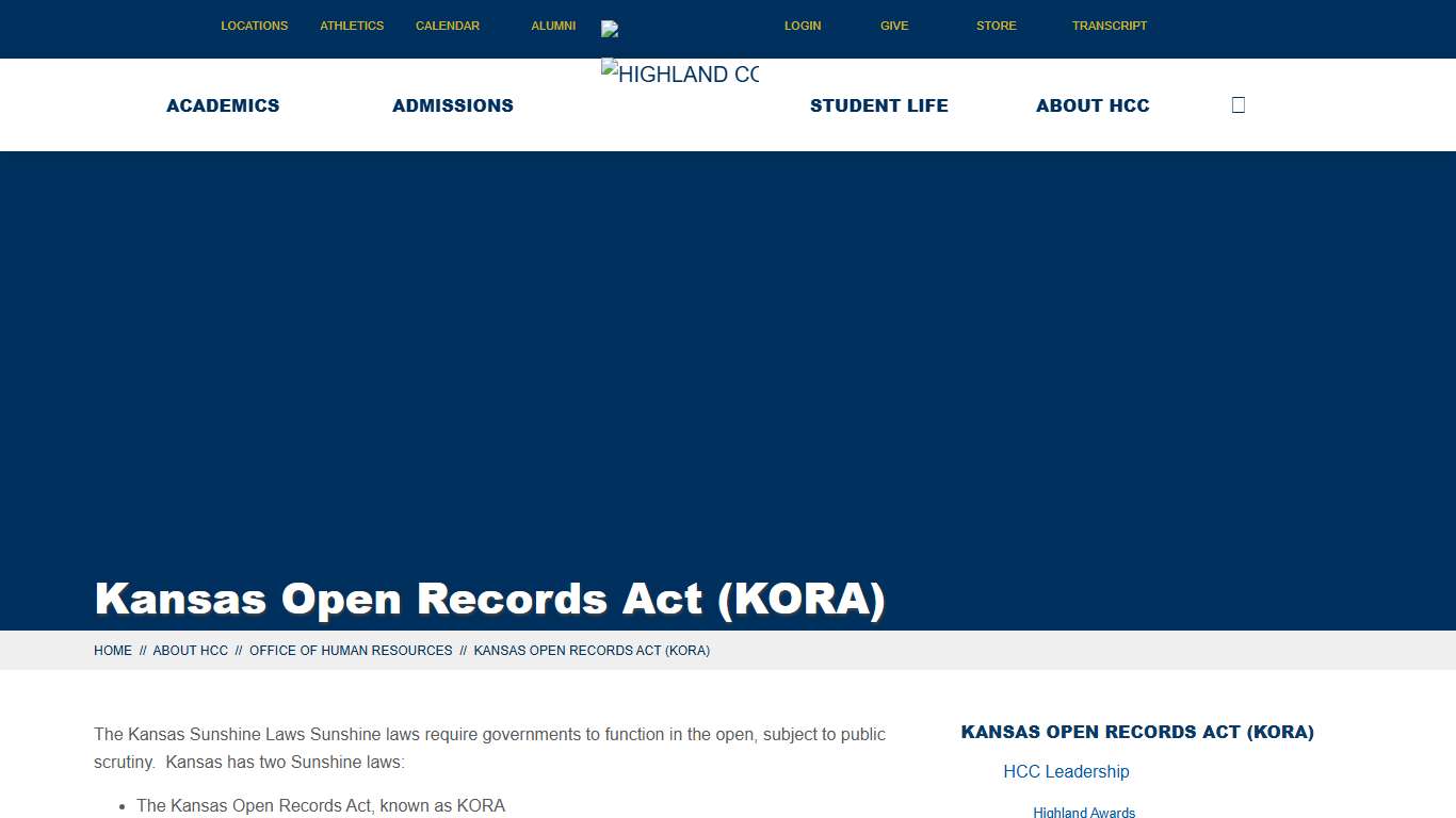 Kansas Open Records Act (KORA) | Highland Community College | My HCC