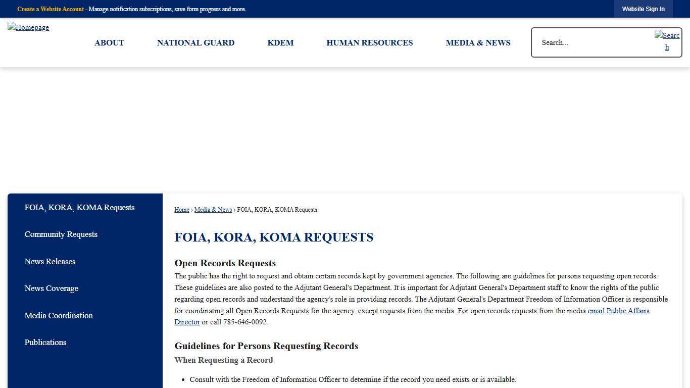 FOIA, KORA, KOMA Requests | Kansas Adjutant General's Department, KS
